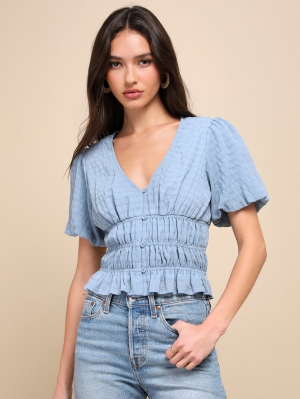 Lulus Slate Blue Textured Puff Sleeve Top - Size S